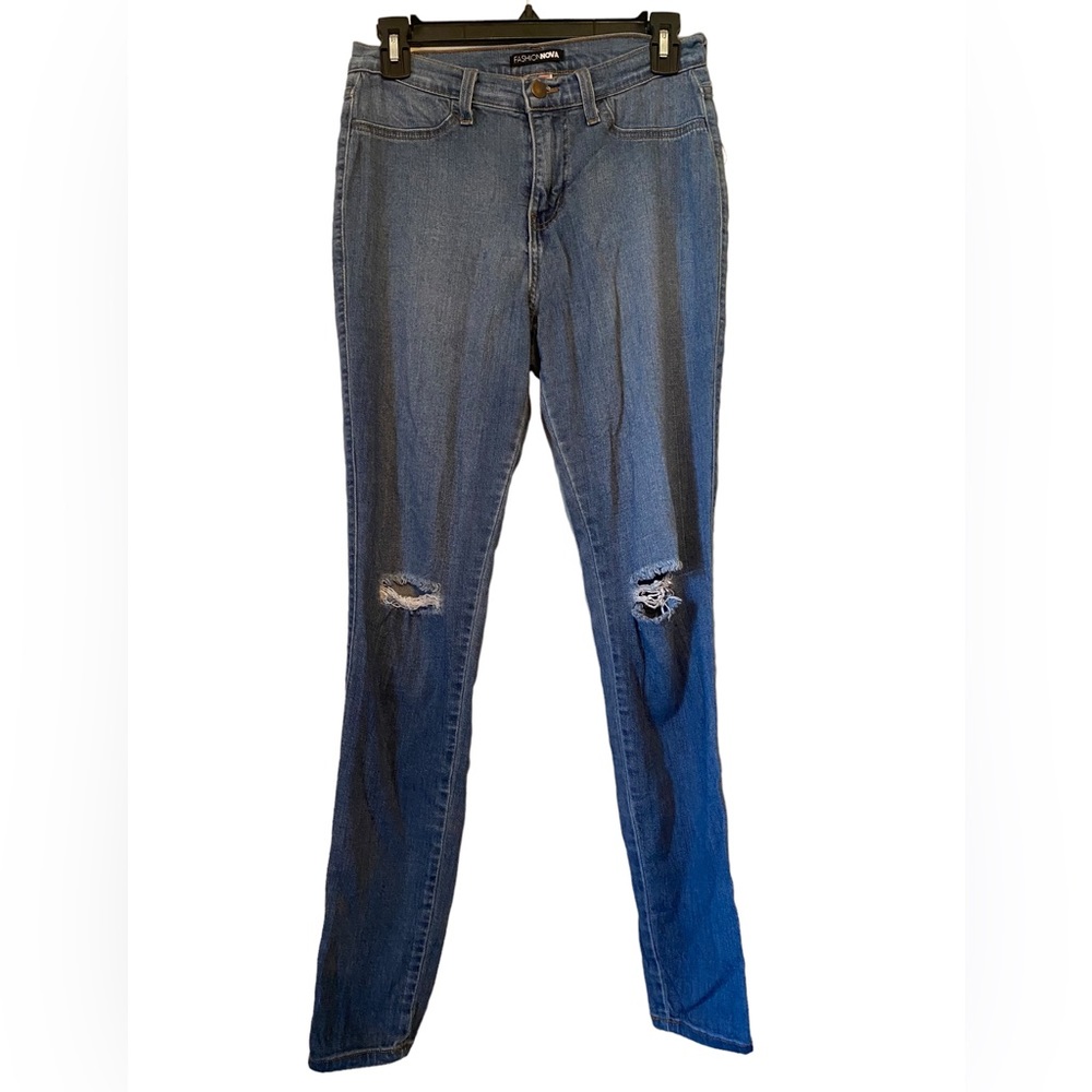 Fashion Nova Blue Denim Distressed Skinny Jeans